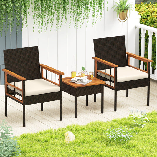 3 Piece Wicker Furniture Set with Acacia Wood Tabletop and Armrest for Balcony-White - Tampa Home & Garden Store
