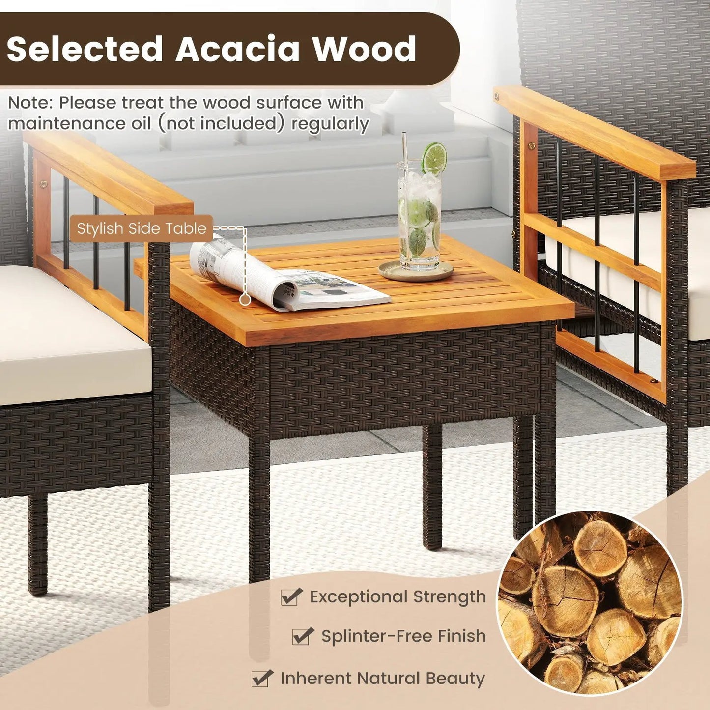 3 Piece Wicker Set With Acacia Wood Tabletop, brown wicker outdoor furniture DirectDeals on Tampa Home & Garden Store