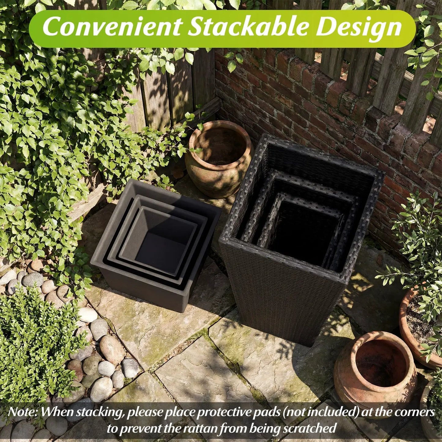3-piece PP rattan planters set with tapered pots in dark gray, stackable design on Tampa Home & Garden Store