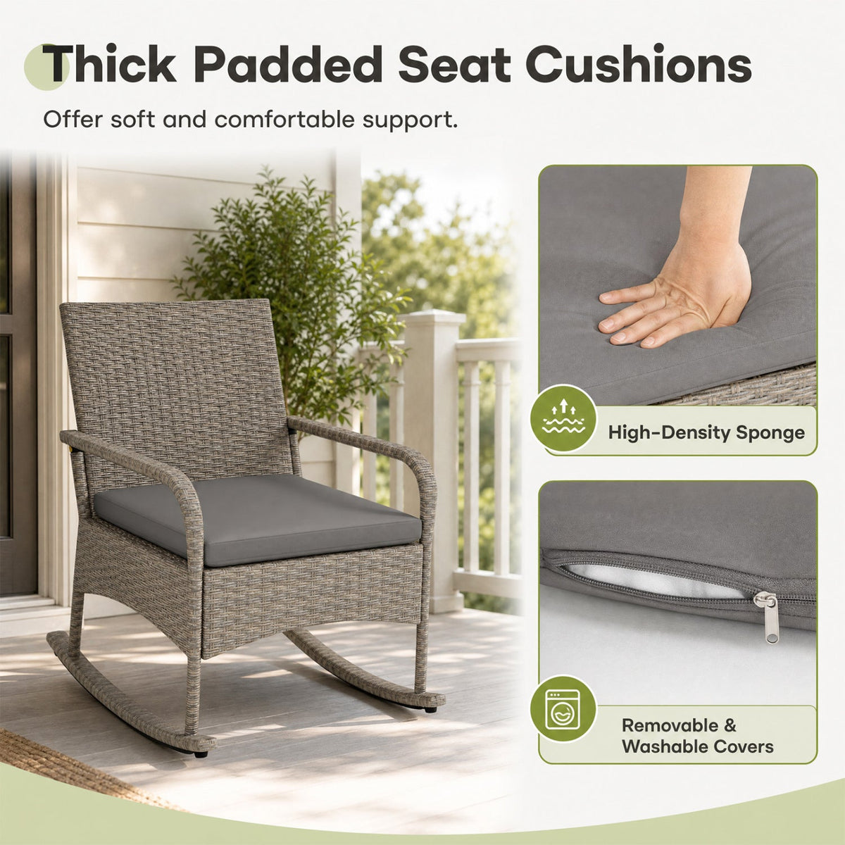 3-Piece Gray Wicker Rocking Bistro Patio Set DirectDeals with cushions on a porch on Tampa Home & Garden Store