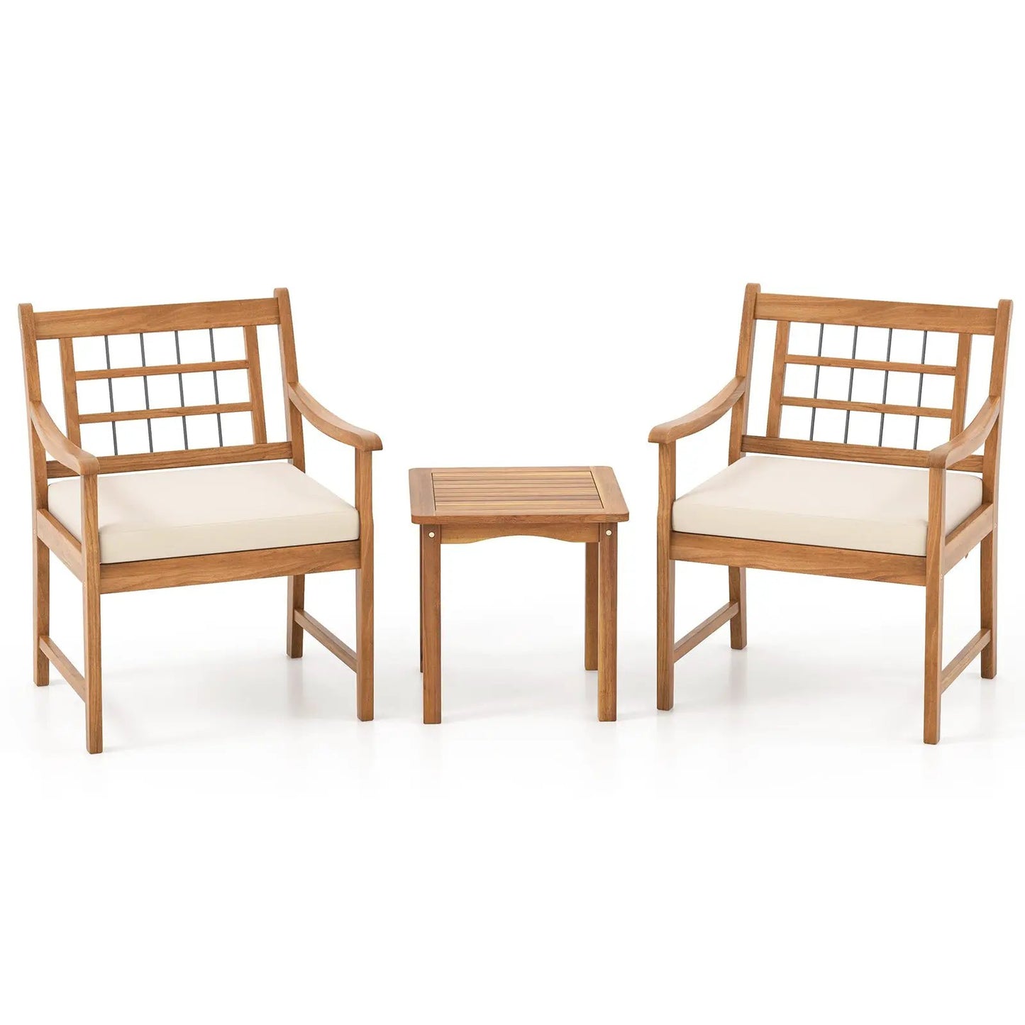 3 Piece Acacia Wood Patio Set with Cushions; 2 armchairs and slatted table in natural finish on Tampa Home & Garden Store
