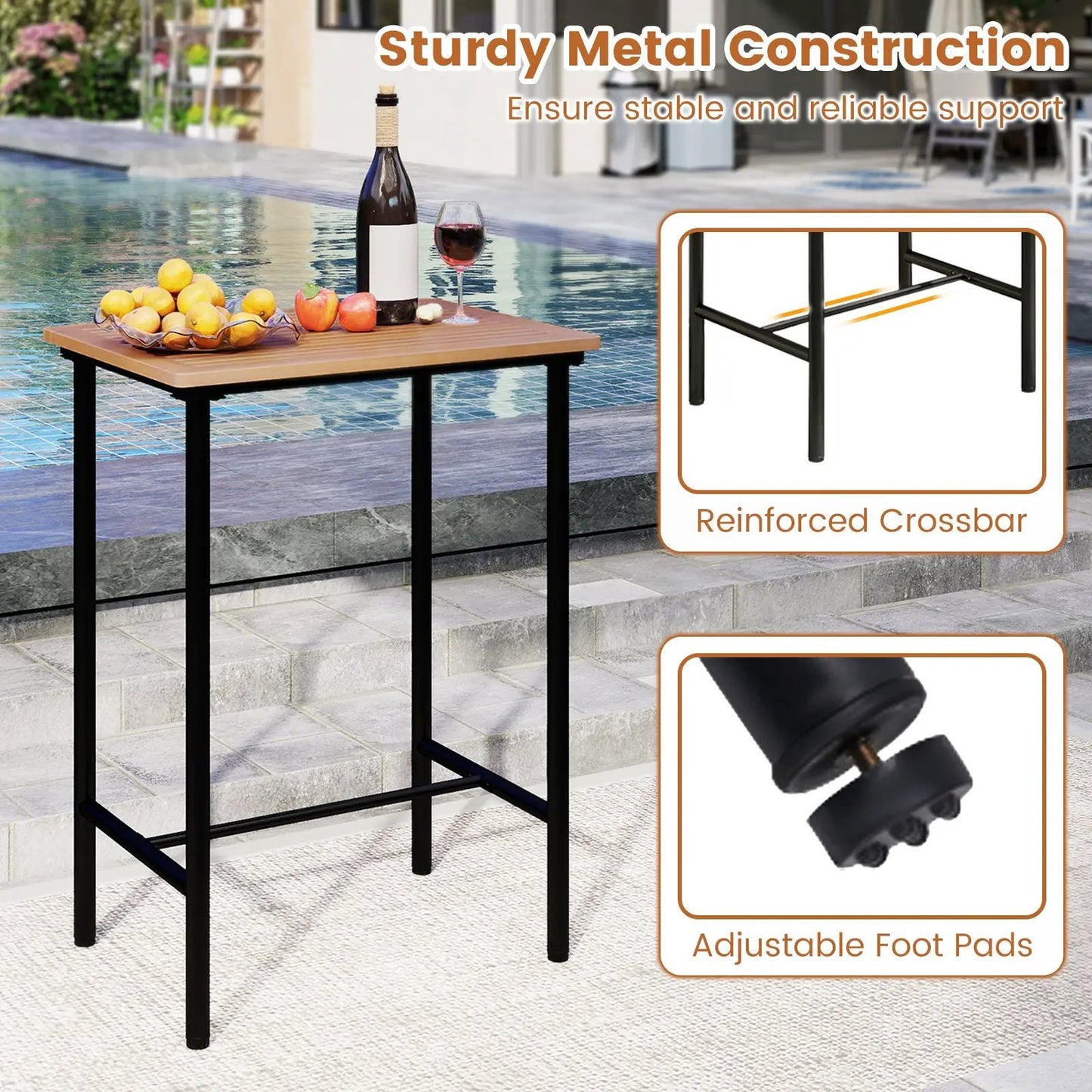 3-piece Acacia Wood Patio Bar Set with Rectangular Table and black metal frame on Tampa Home & Garden Store