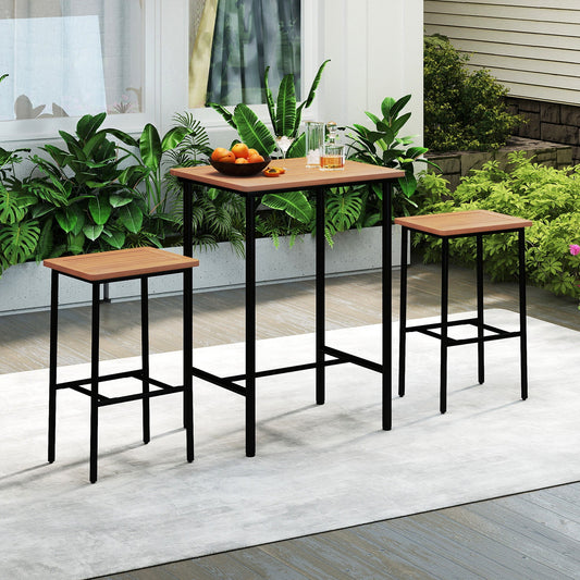 3 Pieces Acacia Wood Patio Bar Set Rectangular Table with Metal Frame - Tampa Home & Garden Store