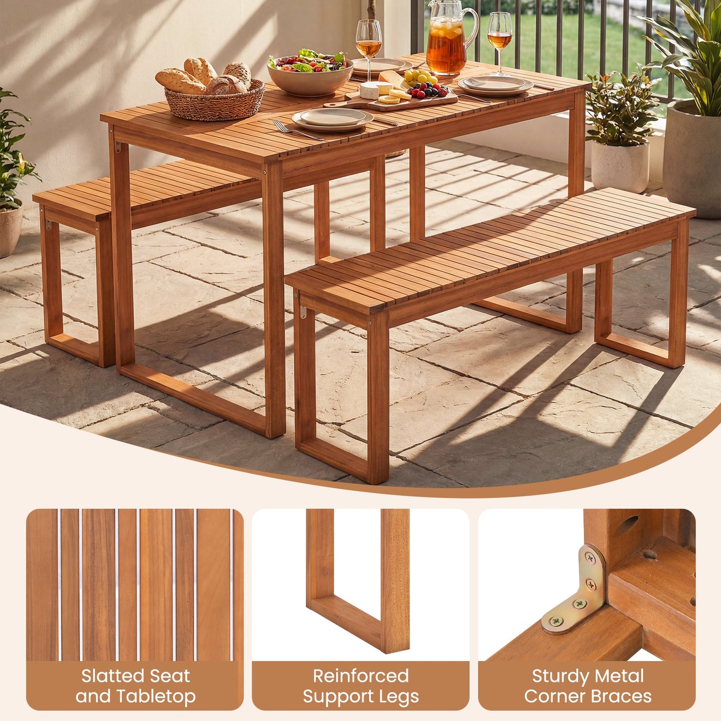 Acacia wood 3-piece picnic table set with slatted tabletop and two benches, outdoor dining on Tampa Home & Garden Store