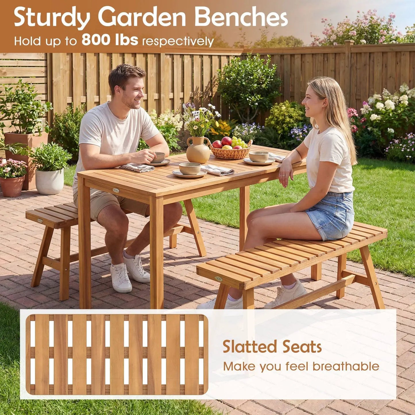 Acacia Wood Dining Set with Table and Benches, natural finish, 3-piece outdoor patio set on Tampa Home & Garden Store