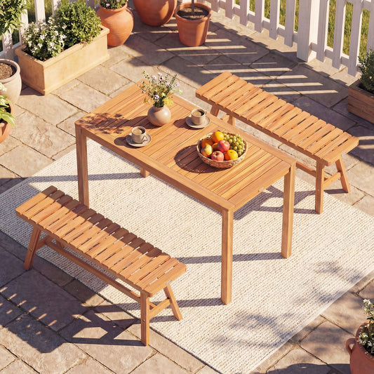 3 Pieces Acacia Wood Patio Dining Set Outdoor Rectangular Table and Benches with Slatted Seats - Tampa Home & Garden Store