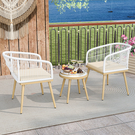3 Pieces Outdoor Bistro PE Wicker Conversation Furniture Set-White - Tampa Home & Garden Store