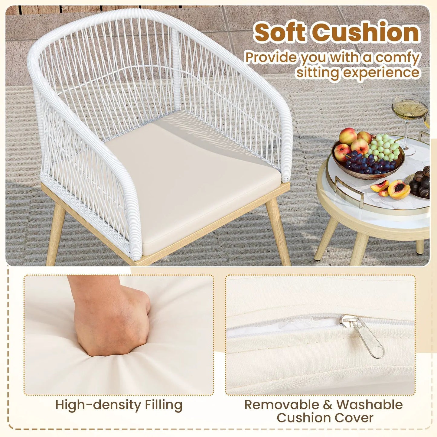 3 Piece Outdoor Bistro PE Wicker Set White with beige cushions and wood legs by DirectDeals on Tampa Home & Garden Store