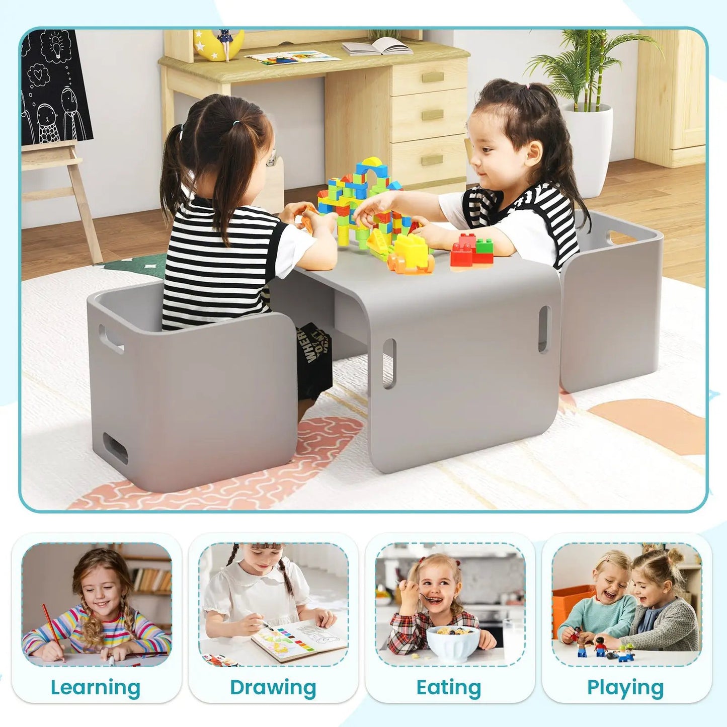 3-Piece Kids Wooden Table and Chair Set in light gray; kids play with blocks on Tampa Home & Garden Store