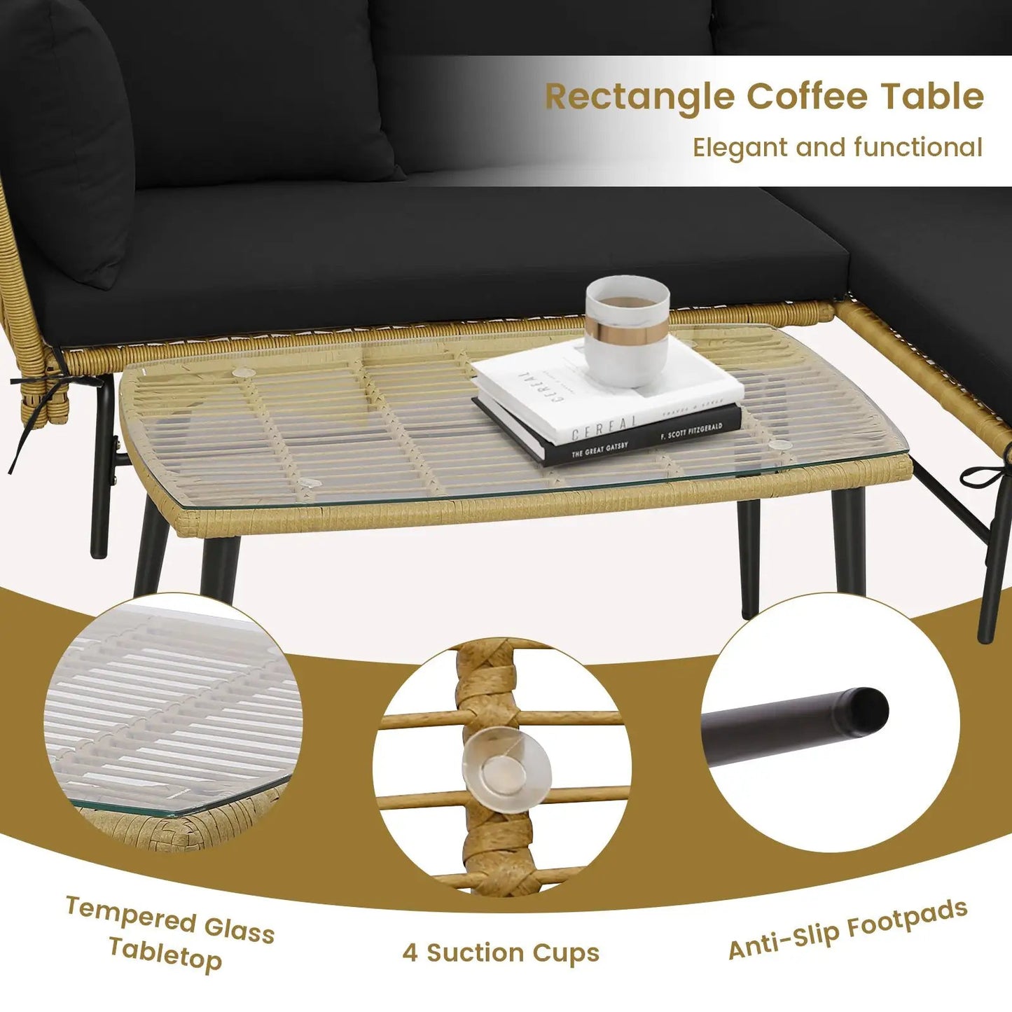 3 Pieces L-Shaped Patio Sofa with Cushions and Tempered Glass Table-Black - Tampa Home & Garden Store