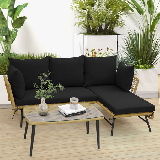 3 Pieces L-Shaped Patio Sofa with Cushions and Tempered Glass Table-Black - Tampa Home & Garden Store