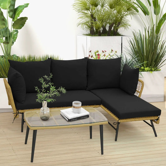 3 Pieces L-Shaped Patio Sofa with Cushions and Tempered Glass Table-Black - Tampa Home & Garden Store