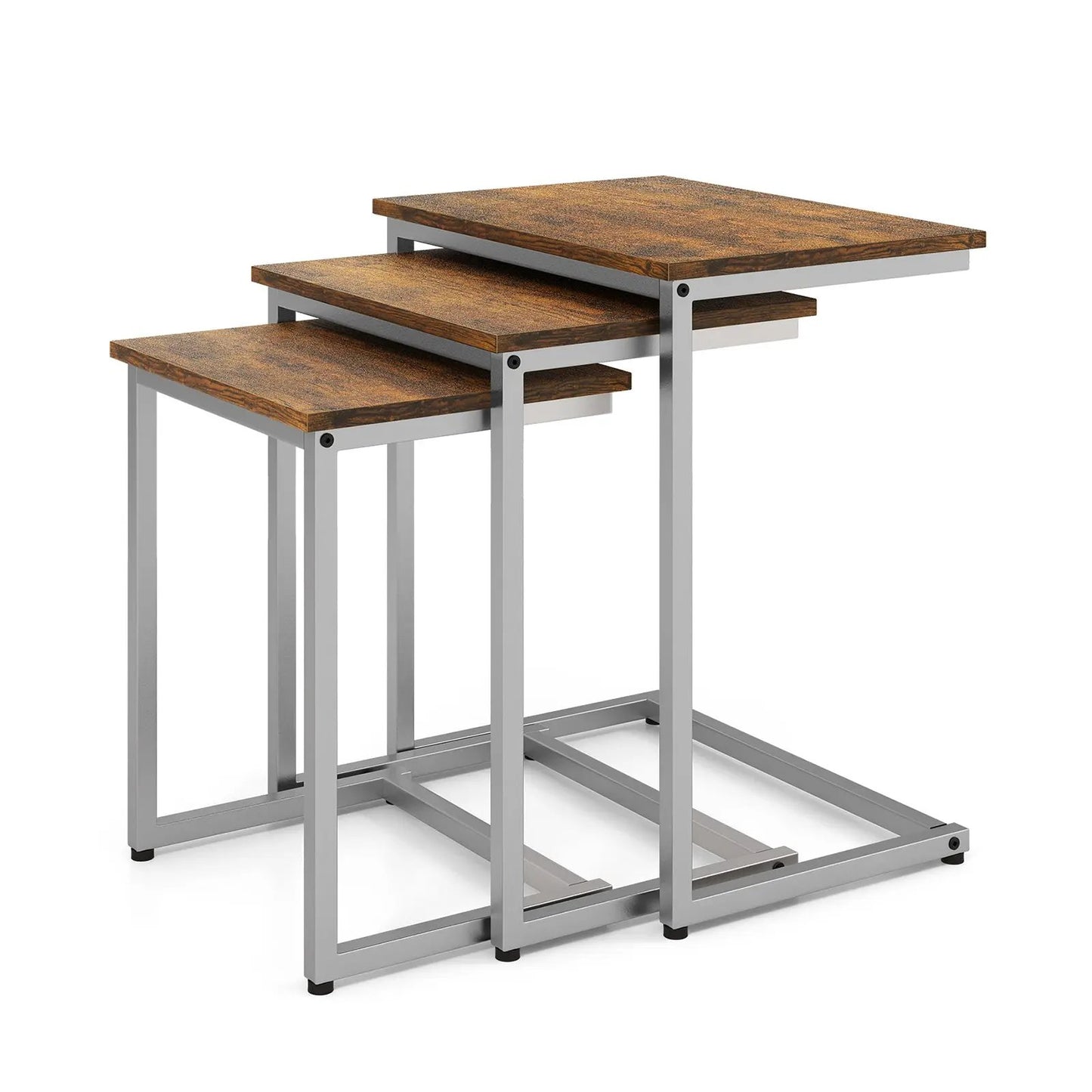 Three-piece nesting coffee end table set with oak tops and gray metal frames on Tampa Home & Garden Store