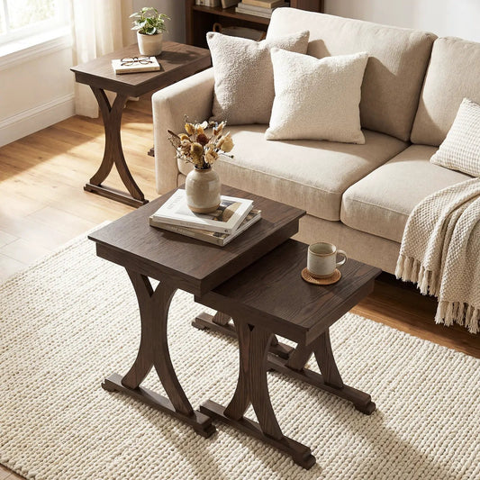 3-Piece Nesting Coffee Tables with Rubber Wood in dark brown finish for a living space on Tampa Home & Garden Store