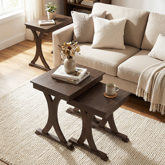 3 Pieces Nesting Coffee Table Side Table with Solid Rubber Wood Legs-Brown - Tampa Home & Garden Store