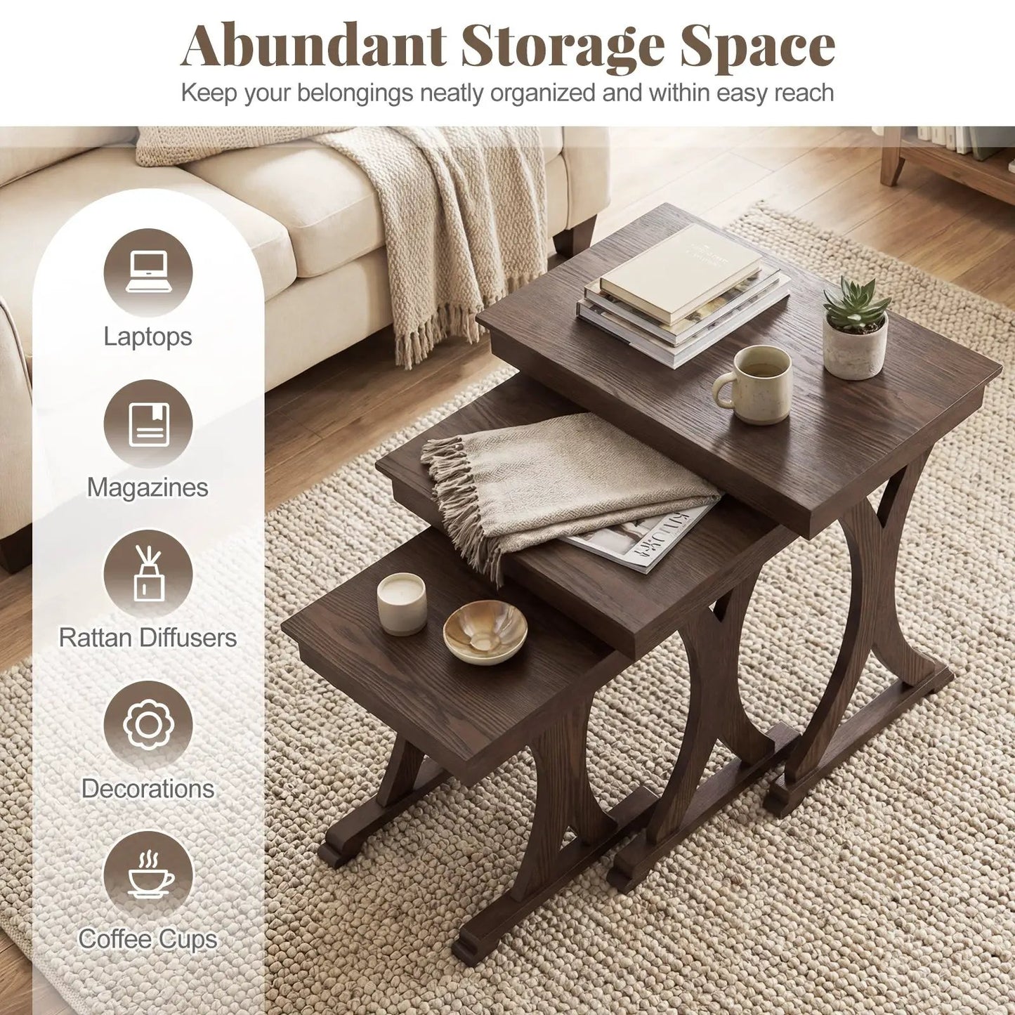 3-Piece nesting coffee tables with rubber wood in dark brown finish in a cozy living room on Tampa Home & Garden Store