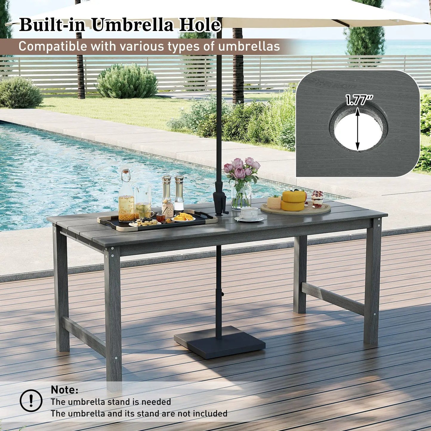 3-piece outdoor dining set with table and 2 benches in grey finish with 1.77-inch umbrella hole on Tampa Home & Garden Store