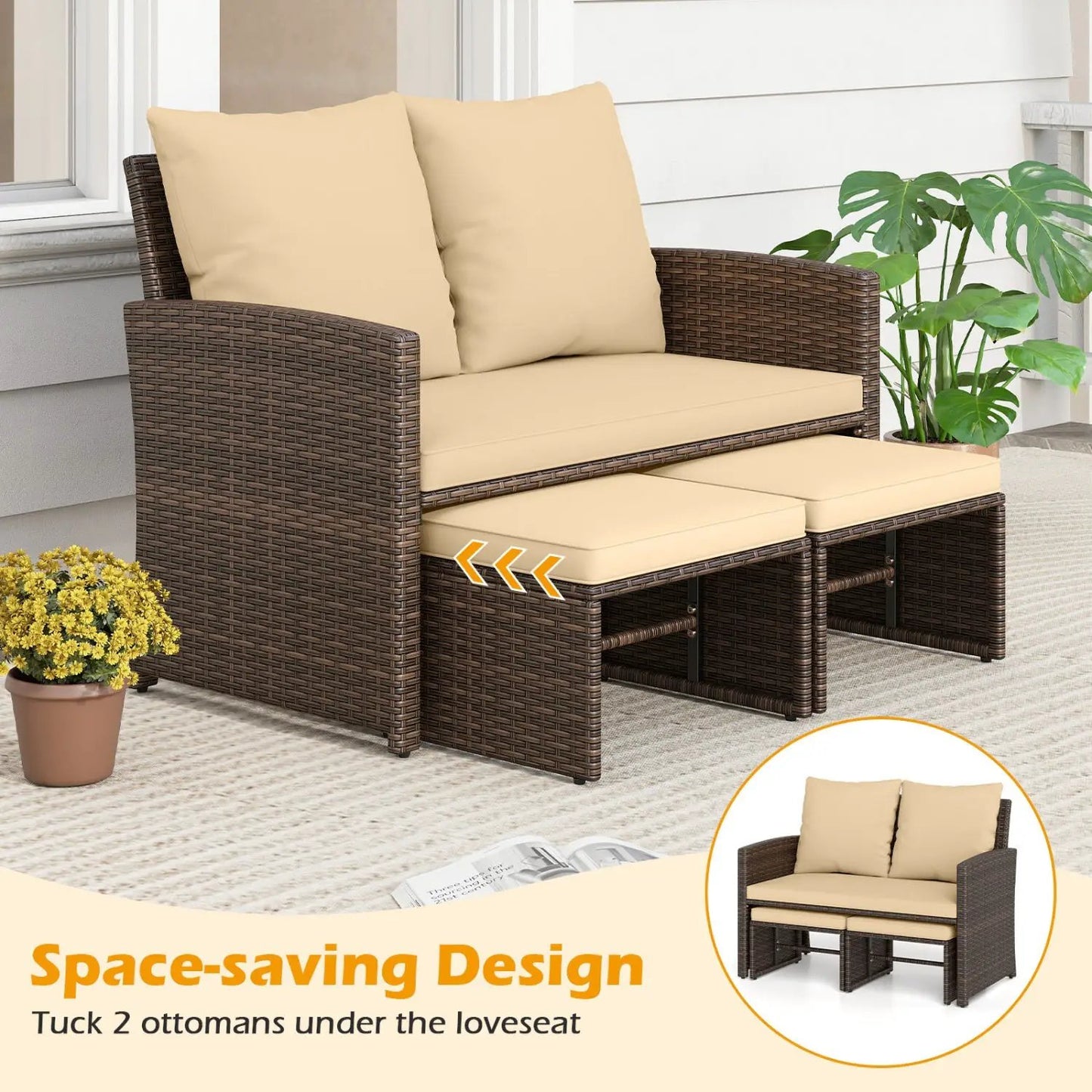 3-Piece DirectDeals outdoor wicker patio set with beige cushions, sofa and 2 ottomans on Tampa Home & Garden Store