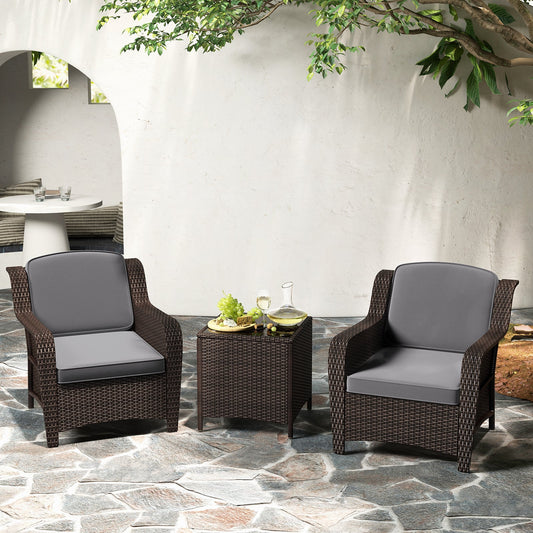 3 Pieces Outdoor Rattan Furniture Set with Cushions and Tempered Glass Coffee Table-Gray - Tampa Home & Garden Store