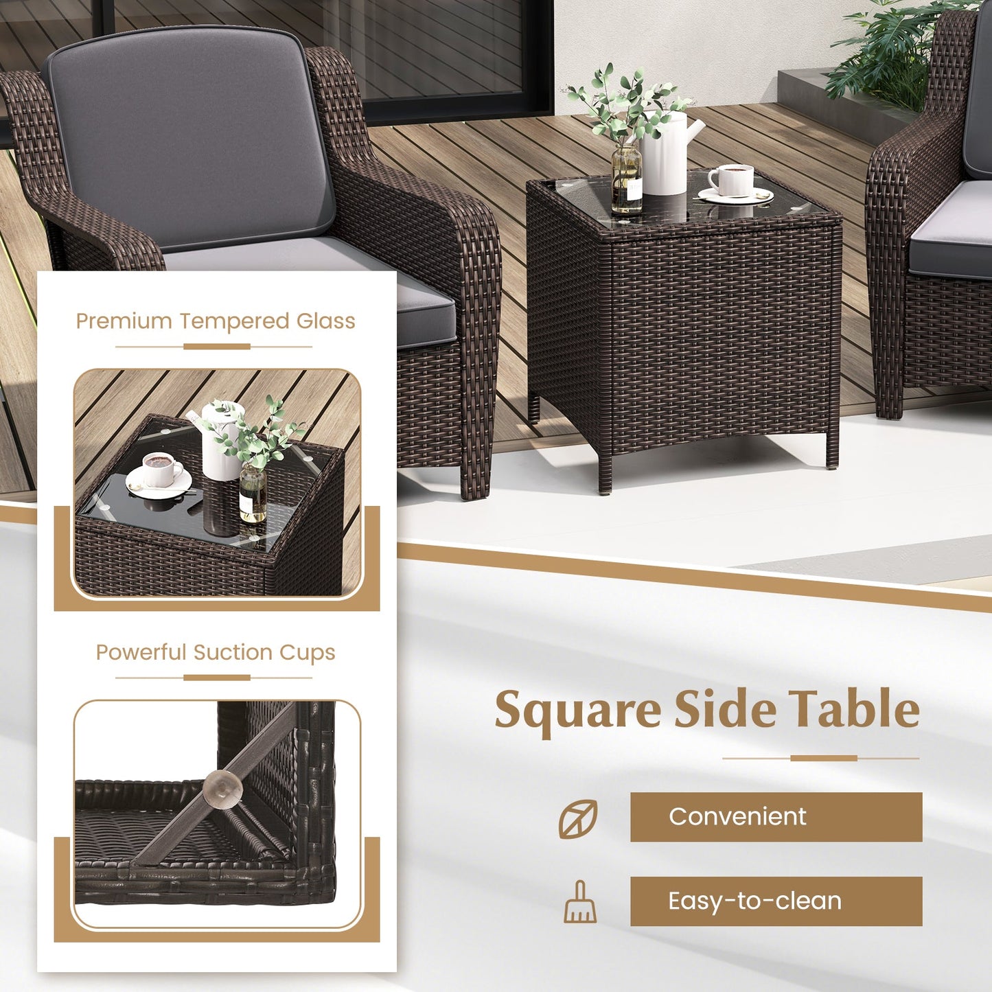 Juego de muebles de ratán para exteriores de 3 piezas con cojines y mesa de centro de vidrio templado-gris
