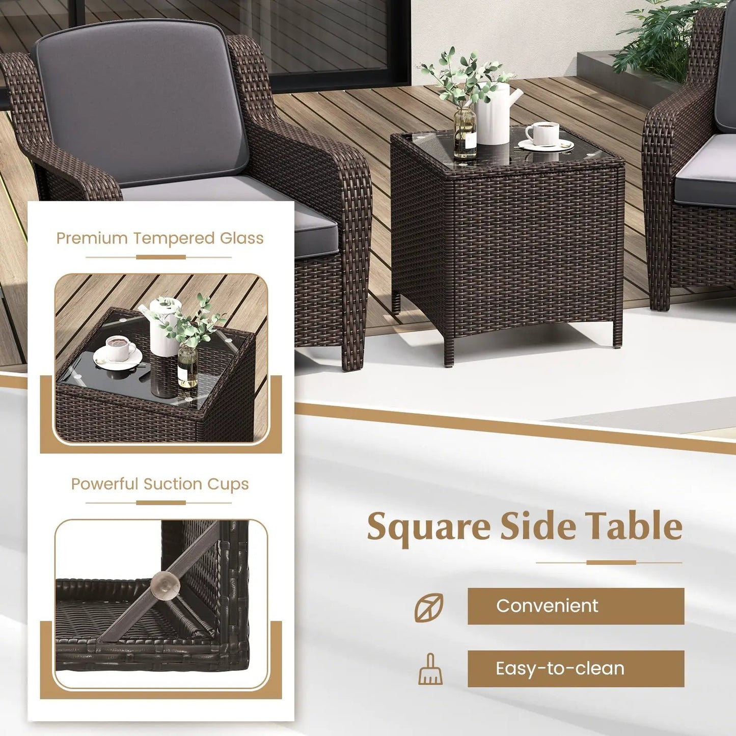 3 Pieces Outdoor Rattan Furniture Set with Cushions and Tempered Glass Coffee Table-Gray - Tampa Home & Garden Store