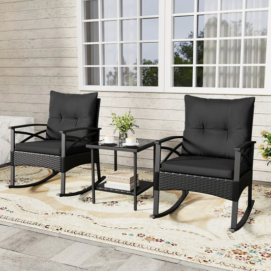 Outdoor rattan rocking chairs set with glass-top side table, black PE wicker, 2 chairs on Tampa Home & Garden Store