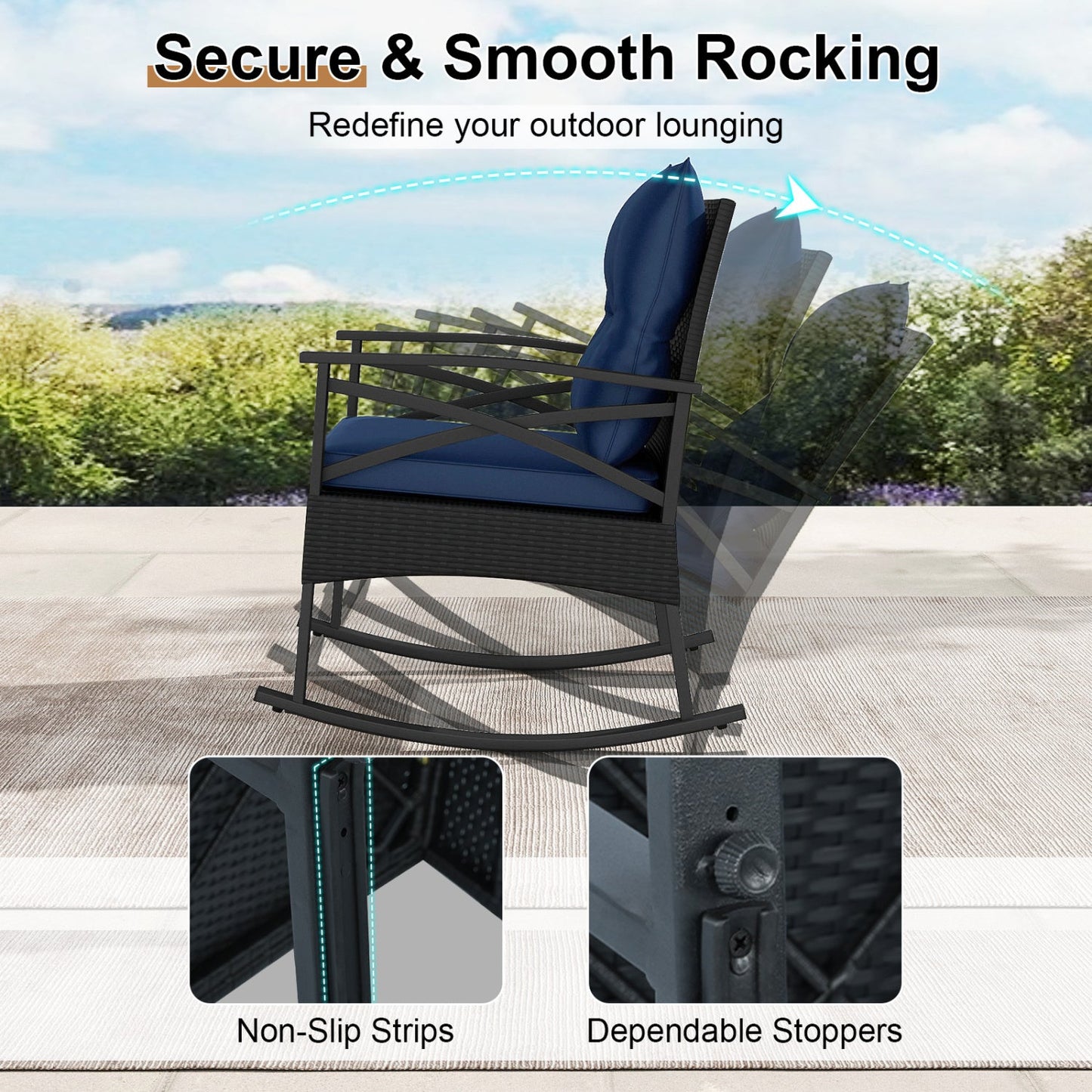 Outdoor PE rattan rocking chair with blue cushion and side table DirectDeals on Tampa Home & Garden Store