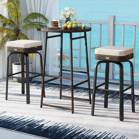 3 Pieces Outdoor Swivel Bar Set PE Rattan Bar Height Table with 2 Chairs-White - Tampa Home & Garden Store