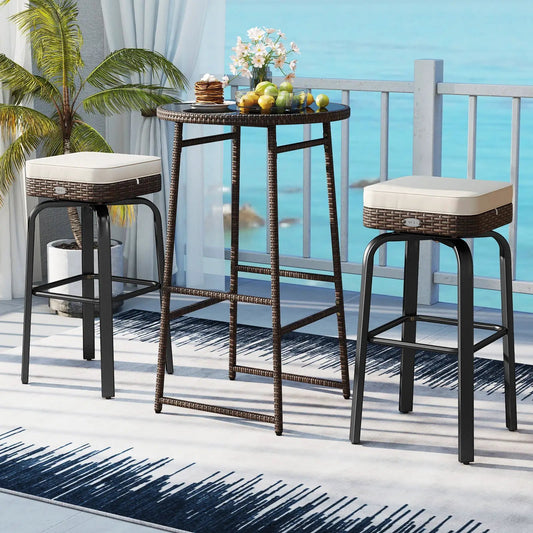 3 Piece Outdoor Swivel Bar Set with White Cushioned Chairs and Brown Wicker Table DirectDeals on Tampa Home & Garden Store