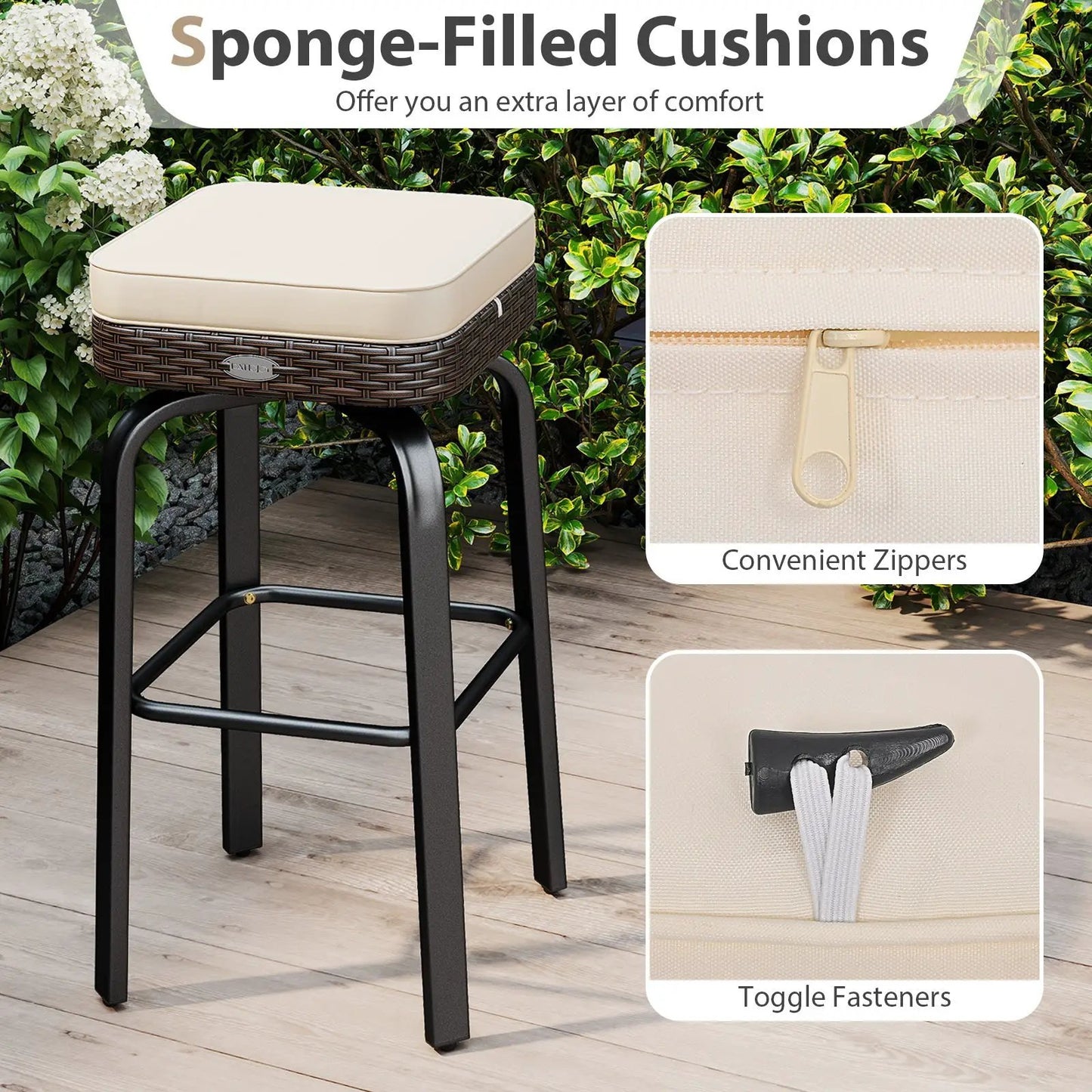 3-piece outdoor swivel bar set with white chairs and wicker bar-height table DirectDeals on Tampa Home & Garden Store