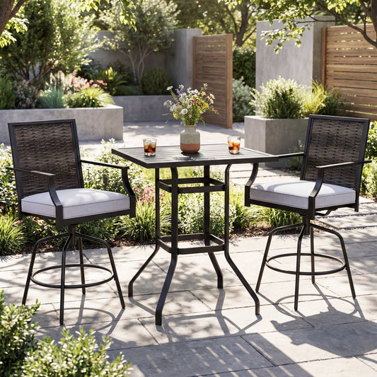 3 Pieces Outdoor Swivel Bar Set High Top Patio Bar Table and Rattan Wicker Chairs - Tampa Home & Garden Store