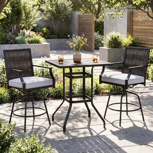 3 Piece Outdoor Swivel Bar Set with black metal frame, table and rattan chairs on Tampa Home & Garden Store