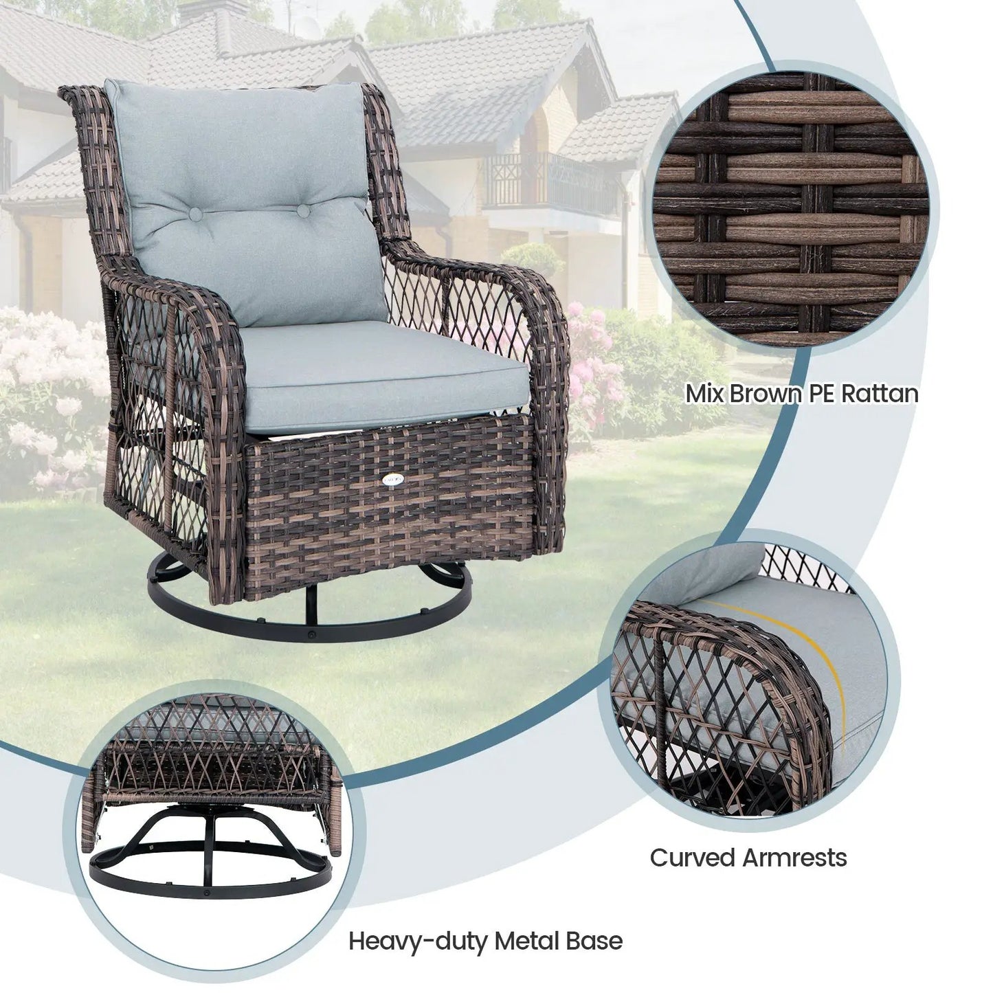 3 Outdoor Swivel Rocker Set With Side Table brown PE rattan gray cushions DirectDeals on Tampa Home & Garden Store