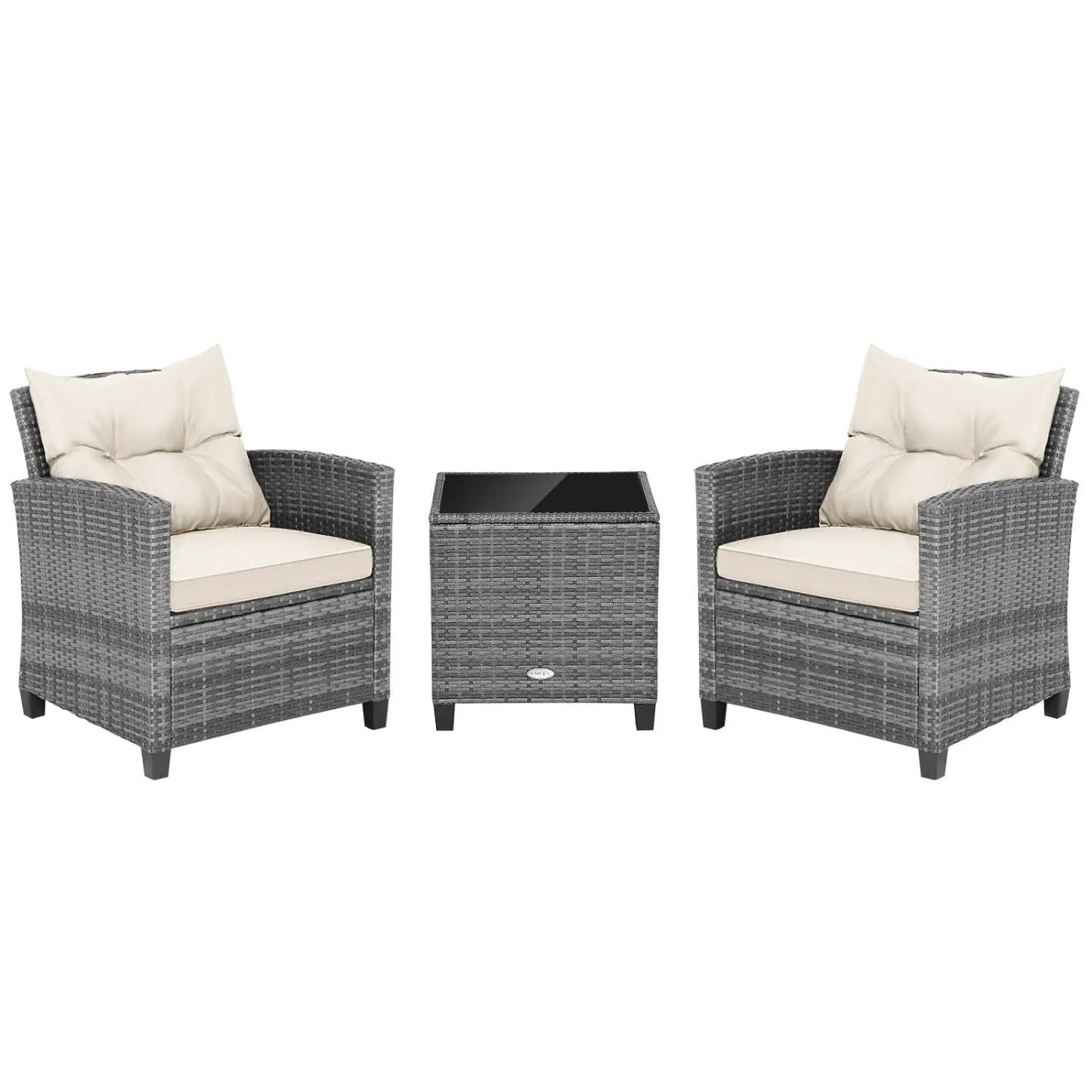 DirectDeals dark gray wicker 3-piece conversation set with tempered glass table and beige cushions on Tampa Home & Garden Store