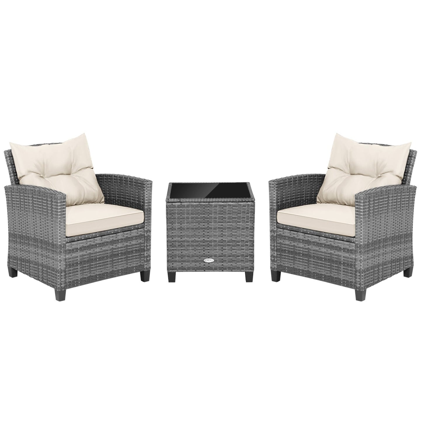 3 Pieces Outdoor Wicker Conversation Set with Tempered Glass Tabletop-Black