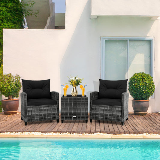 3 Pieces Outdoor Wicker Conversation Set with Tempered Glass Tabletop-Black - Tampa Home & Garden Store