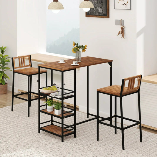 3 Pieces Outdoor Wood Bar Set with 3-Tier Storage Shelf and Metal Frame - Tampa Home & Garden Store