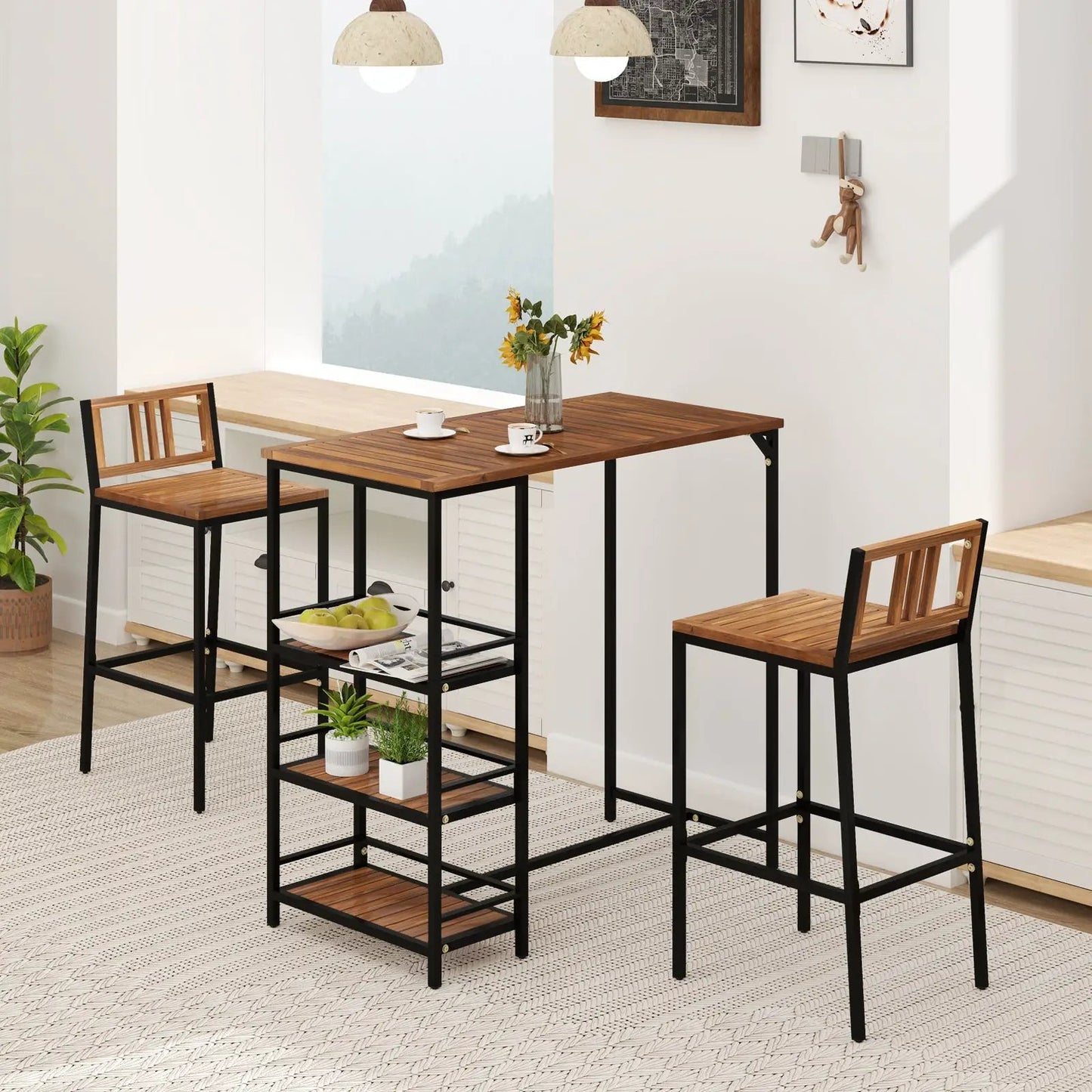 Grill gazebo with metal frame two wood-top tables and bar stools in a modern dining nook on Tampa Home & Garden Store