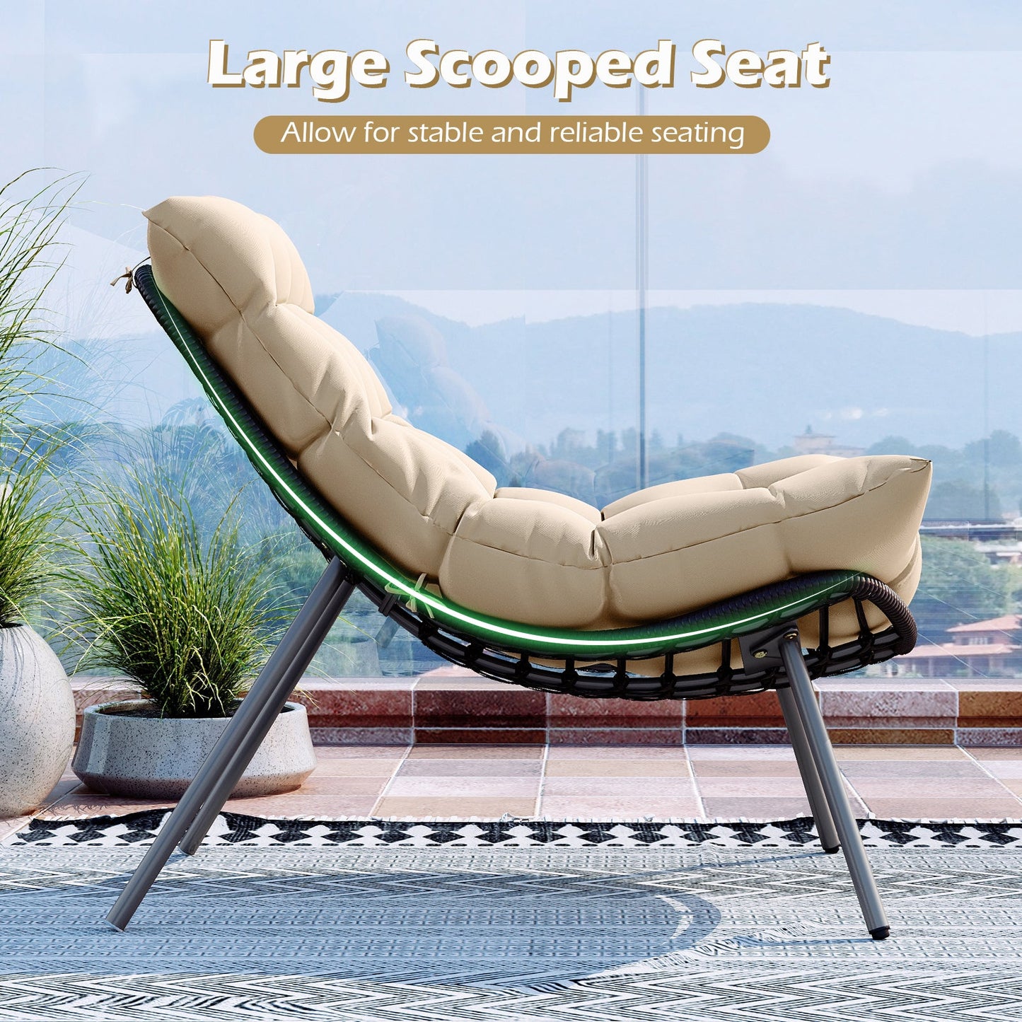 Papasan-style outdoor lounge chair with beige cushions and green LED rim on tiled patio on Tampa Home & Garden Store