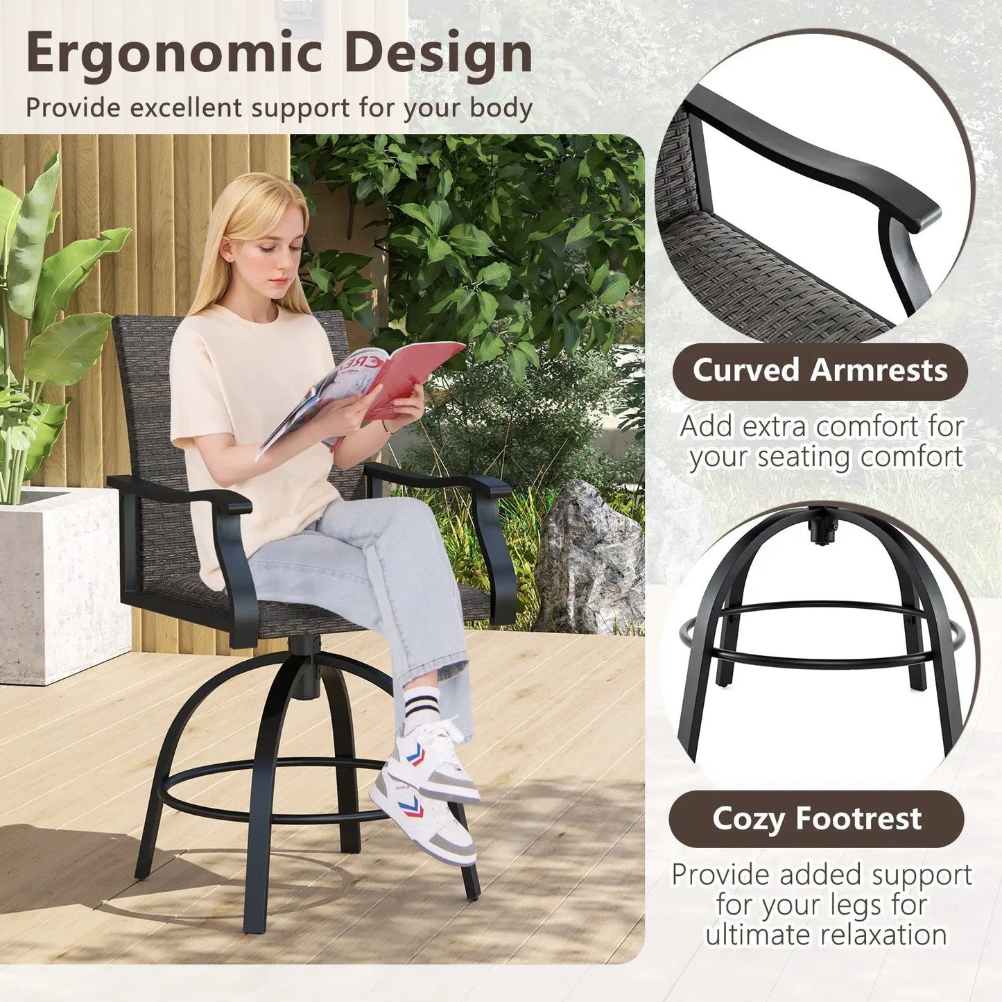 Wicker Patio Swivel Bar Set with Foam Cushions in black PE wicker, 3-piece DirectDeals on Tampa Home & Garden Store