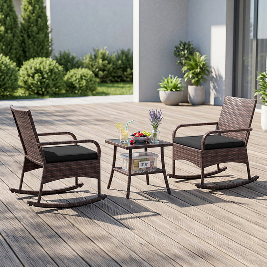 DirectDeals 3-Piece Rocking Bistro Set brown wicker with cushions 2 chairs glass-top side table on Tampa Home & Garden Store