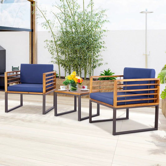 3 Pieces Patio Acacia Wood Conversation Set with Cushioned Armchairs-Navy - Tampa Home & Garden Store