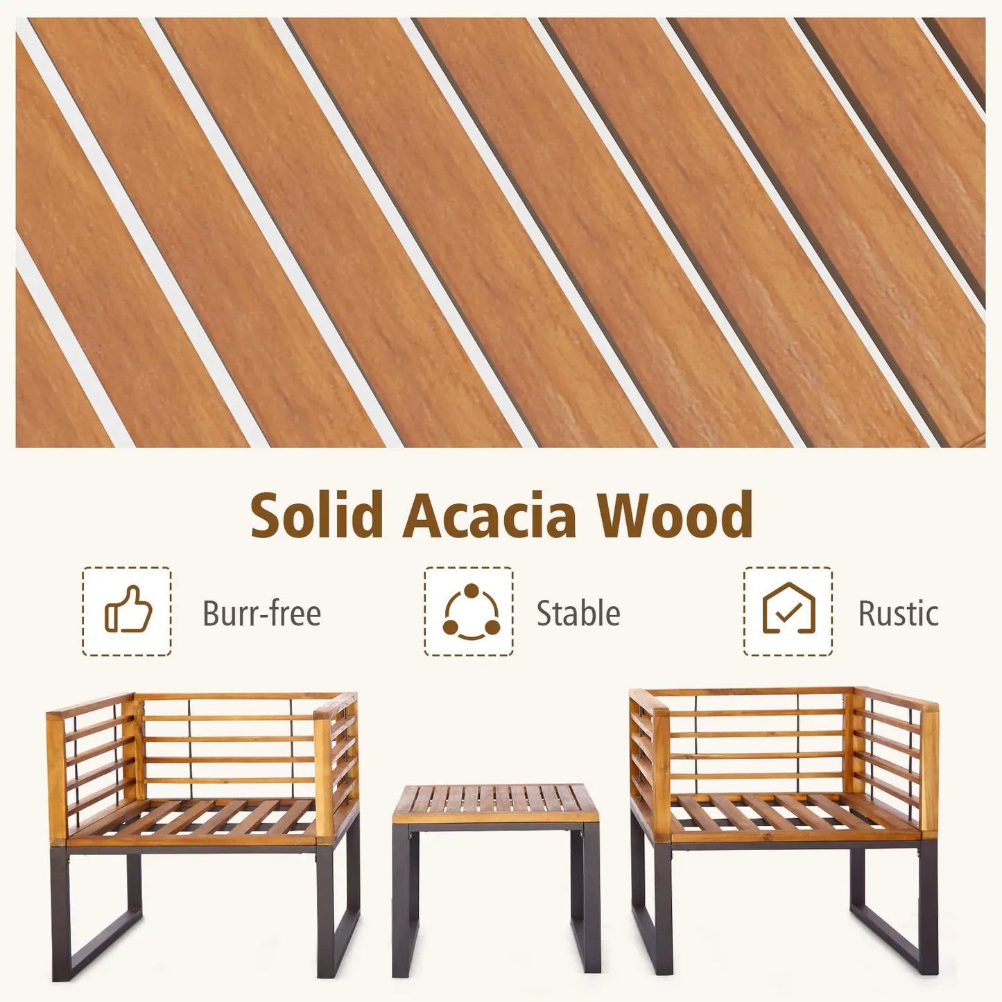 3 Pieces Patio Acacia Wood Conversation Set with Cushioned Armchairs-Navy - Tampa Home & Garden Store