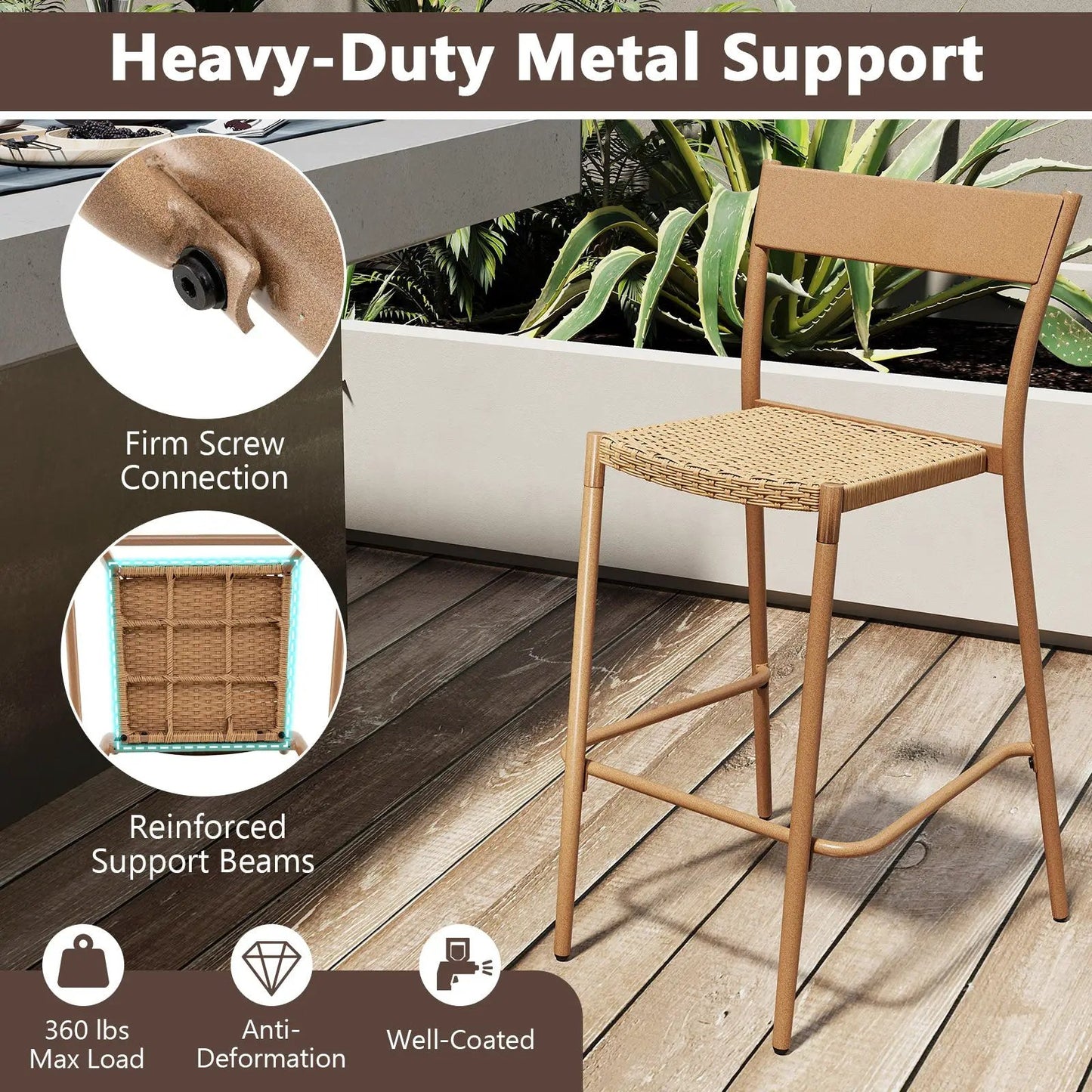 Three Piece Patio Bar Table Set with Two Chairs in brown metal frame and woven seats on Tampa Home & Garden Store
