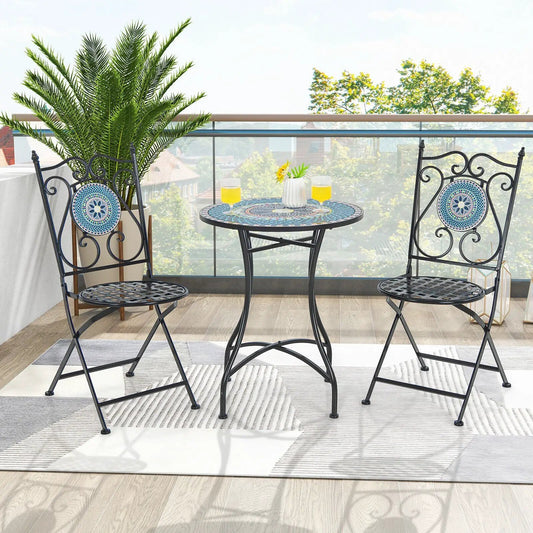 3-Piece Patio Bistro Set with blue mosaic table and chair medallions, black metal frames on Tampa Home & Garden Store