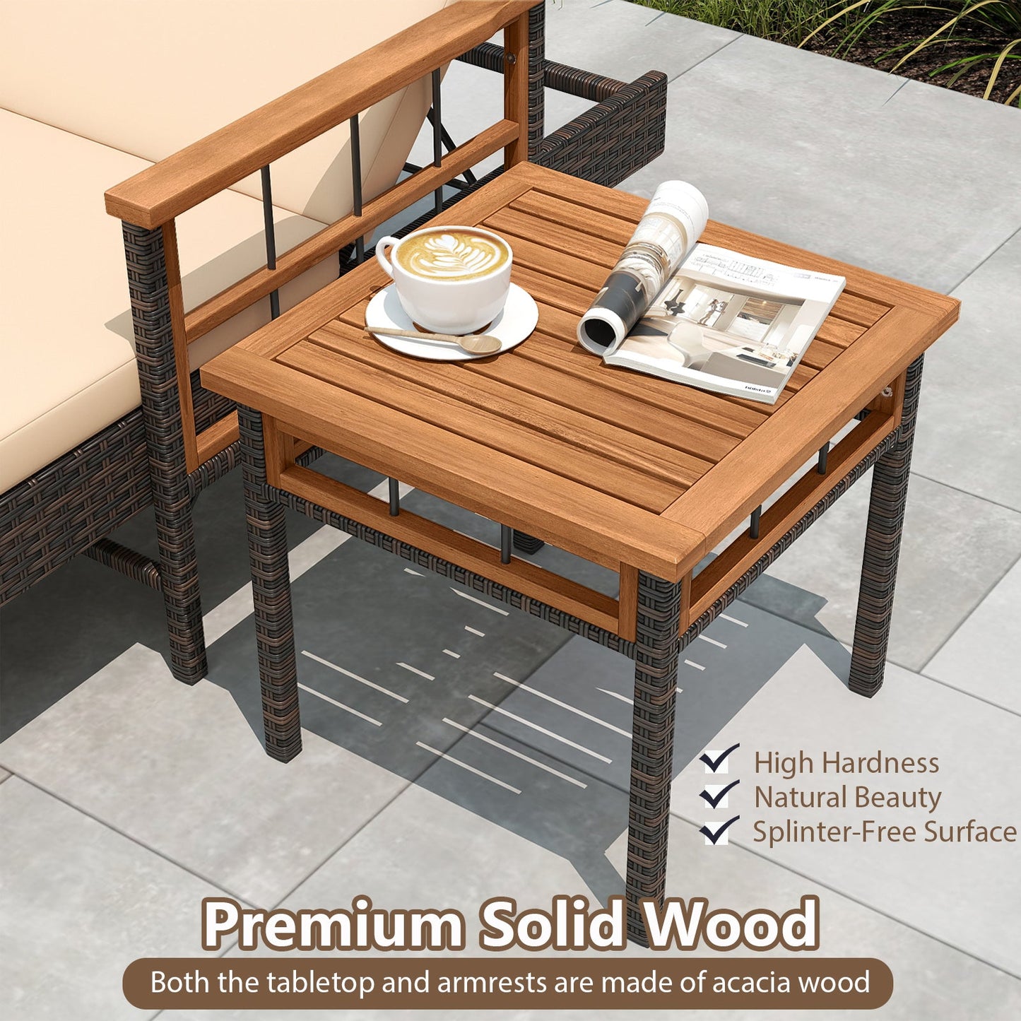 Three-Piece Patio Chaise Lounge Set acacia wood tabletop and armrests, dark woven frame on Tampa Home & Garden Store