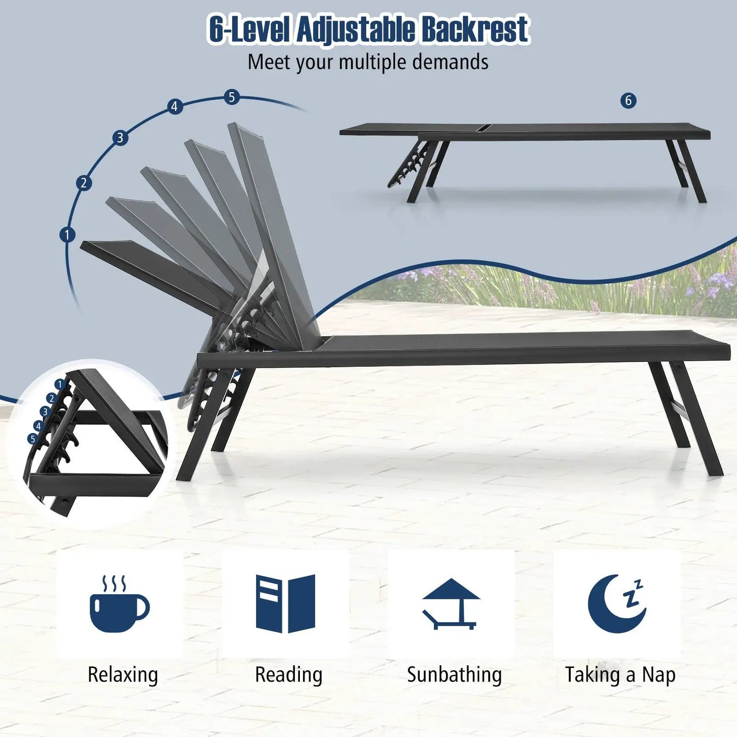 3-Piece Patio Chaise Lounge Chair and Table Set by DirectDeals, black metal, adjustable backrest on Tampa Home & Garden Store