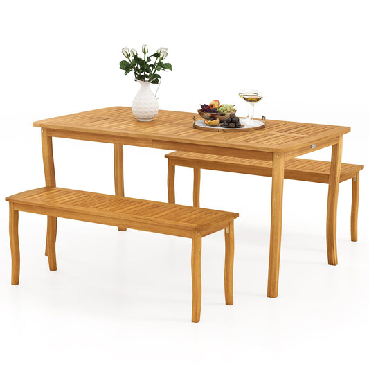 3 Pieces Patio Dining Set with Acacia Wood Outdoor Table and Benches - Tampa Home & Garden Store