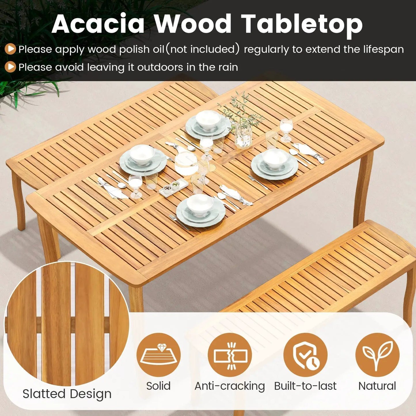 Acacia wood patio dining set with slatted table and benches, natural finish, 3-piece on Tampa Home & Garden Store