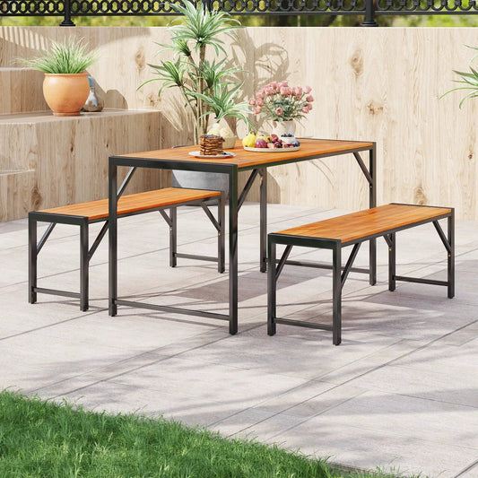 DirectDeals Acacia wood 3-piece dining set with table and 2 benches, black metal frame on Tampa Home & Garden Store